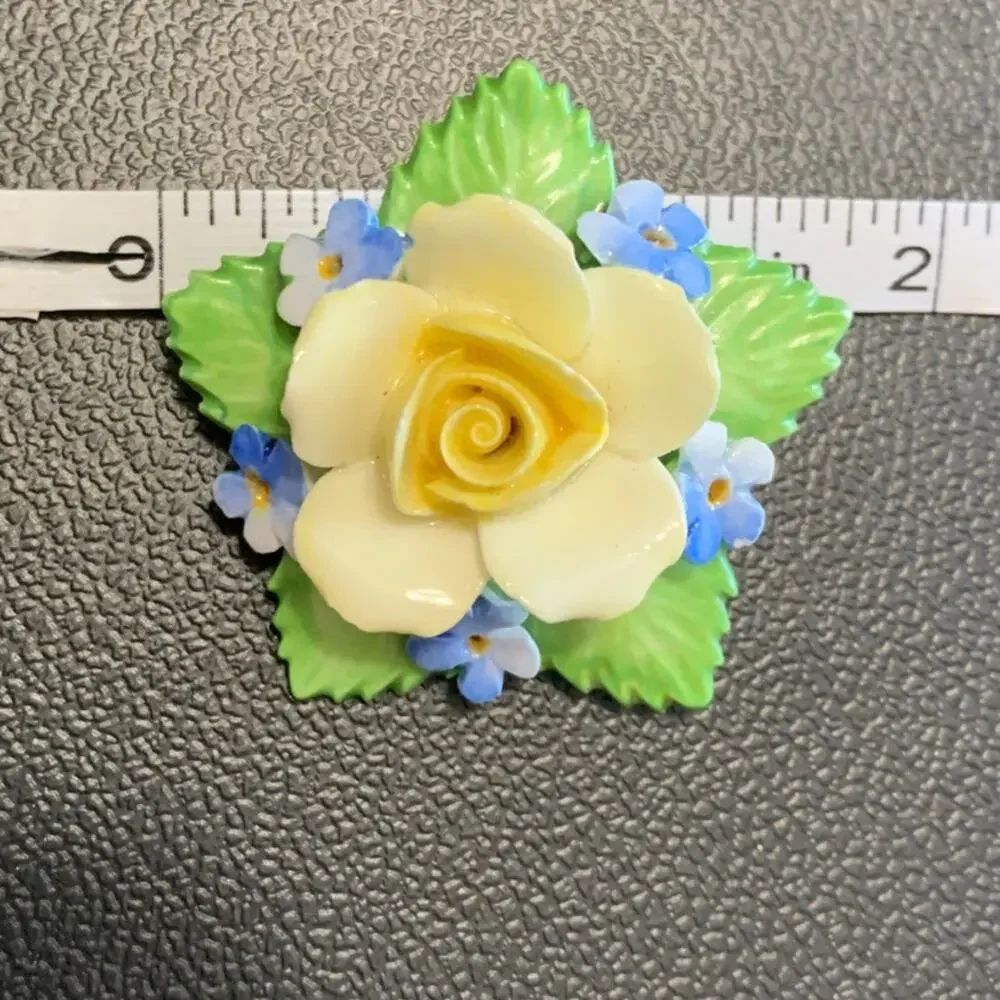 Vintage Denton China Bone China Yellow Rose Brooch Pin Made In England Mint